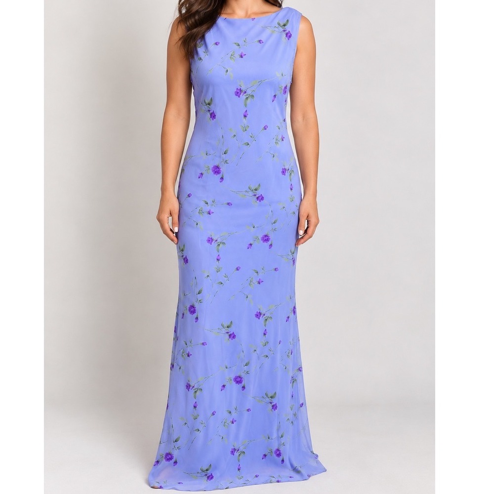 Vintage 90s Floral Maxi Dress 9/10 Periwinkle Purple Cottagecore Romantic Y2K